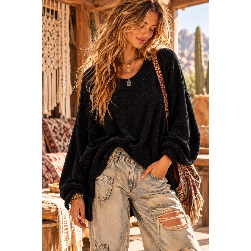 Free People Ottoman Slouchy Tunic Sweater Black Wool Blend Oversized Medium